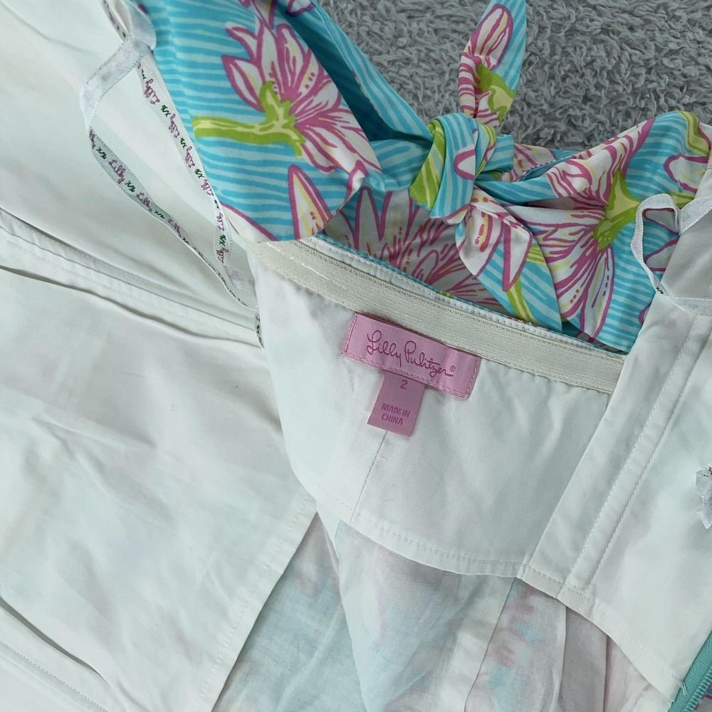 Lilly Pulitzer Strapless Dress Womens 2 Blue Pink‎ Floral Bow Back Sundress Mini - Picture 10 of 10